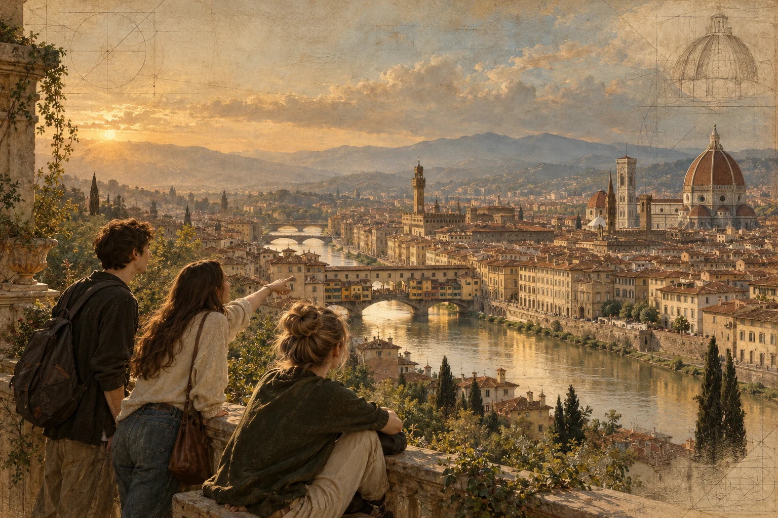 A Renaissance-inspired painting of young friends admiring Florence, with Ponte Vecchio and the cathedral in golden light.